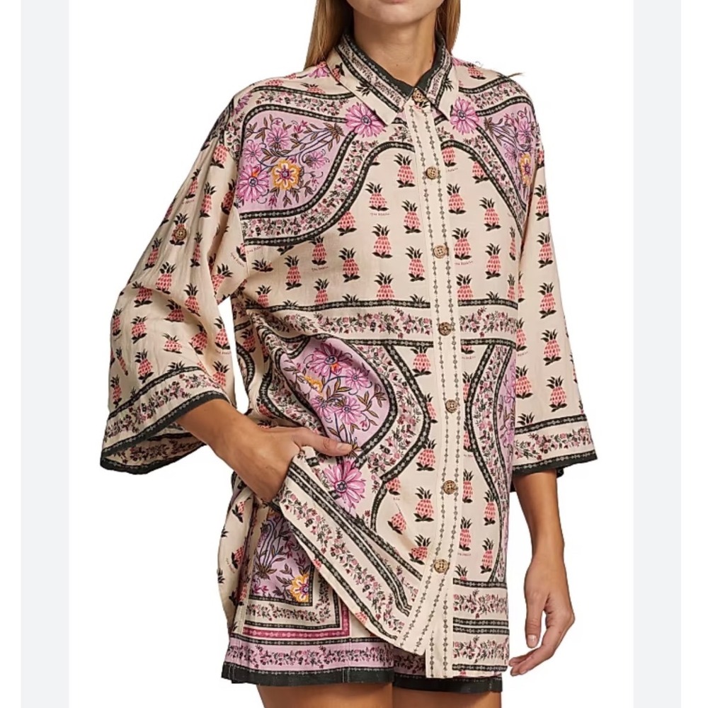 Agua Bendita Chrissy Aguja Linen Blend Button Up Blouse M